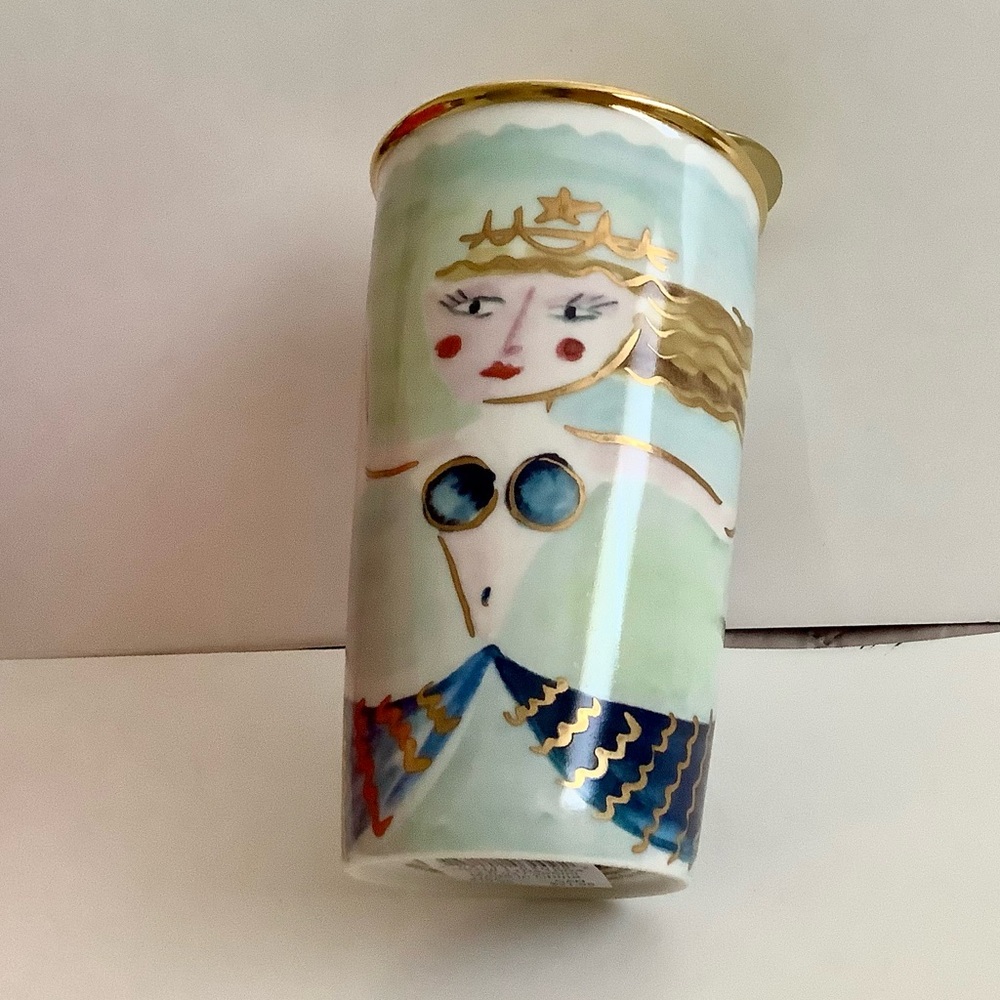 Starbucks Mermaid Siren Ceramic Travel Tumbler Mug Gold Lid 2014 Watercolor new - Picture 2 of 12